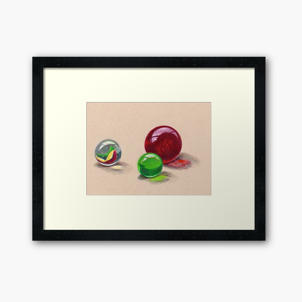 1000x1000 Three Marbles, Still Life Drawing, Color Pencil Framed Art Print