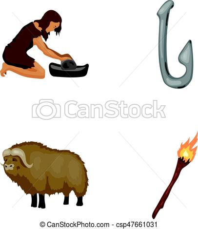 406x470 Cattle, Catch, Hook, Fishing Stone Age Set Collection Icons