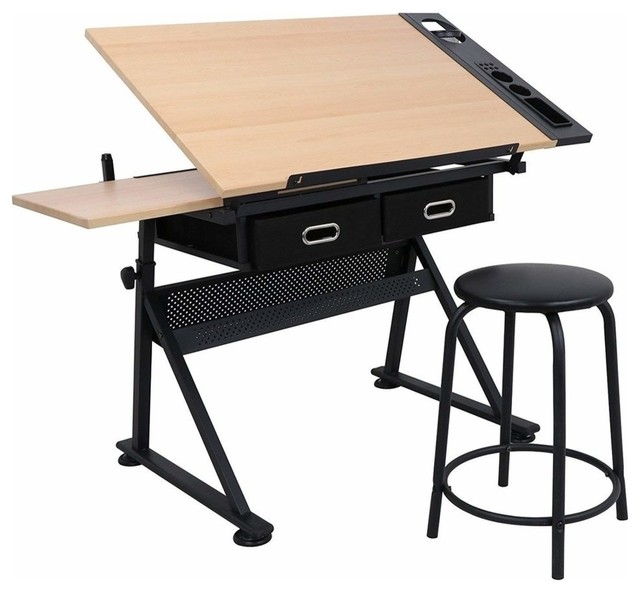 640x592 drawing desk with stool, mdf with steel frame and adjustable