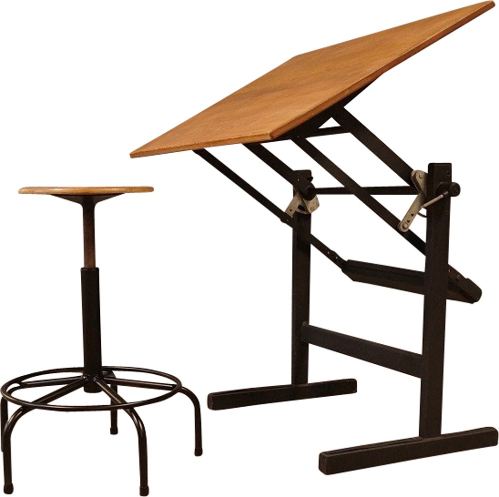 1000x996 Drawing Table And Its Vintage Stool In Steel And Wood