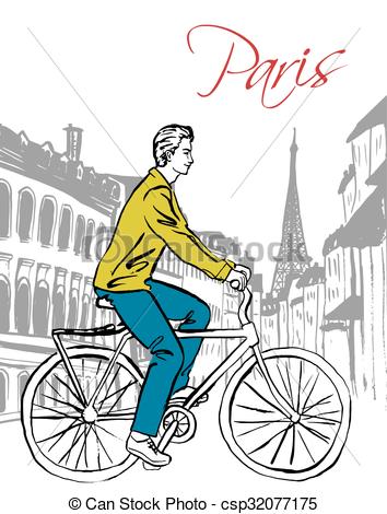 354x470 Beautiful Young Man Driving Bicycle In Paris Street Fashion Ink