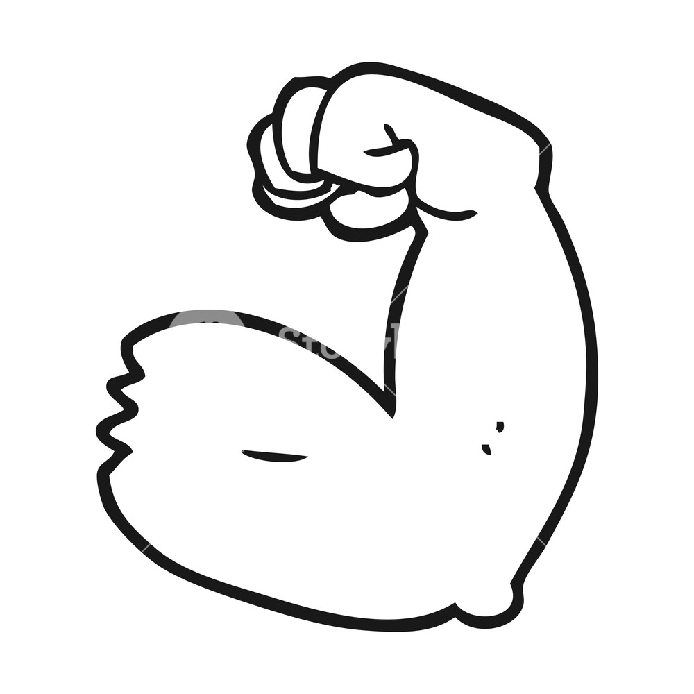 1000x1000 Freehand Drawn Black And White Cartoon Strong Arm Flexing Bicep