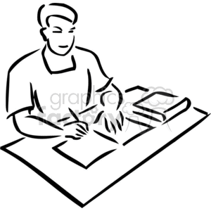300x300 Black And White Student Studying With Notes And A Textbook Clipart
