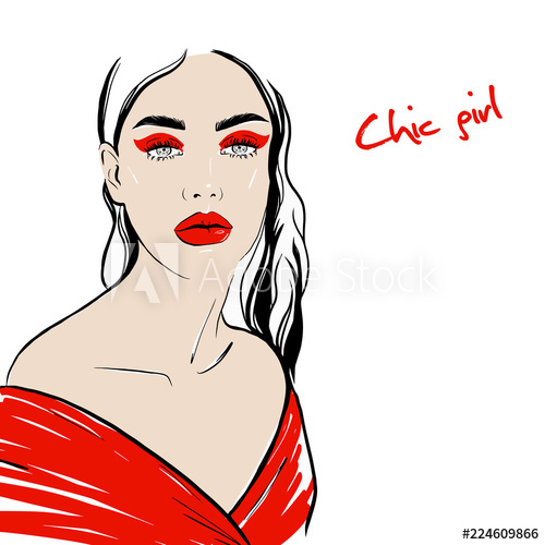 500x500 Chic Girl, Woman Face In Red Clothes With Red Makeup And Lips Hand