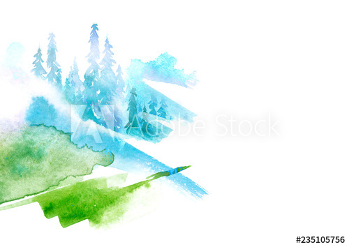 500x354 Watercolor Art Illustration Drawing Of The Blue, Green Forest