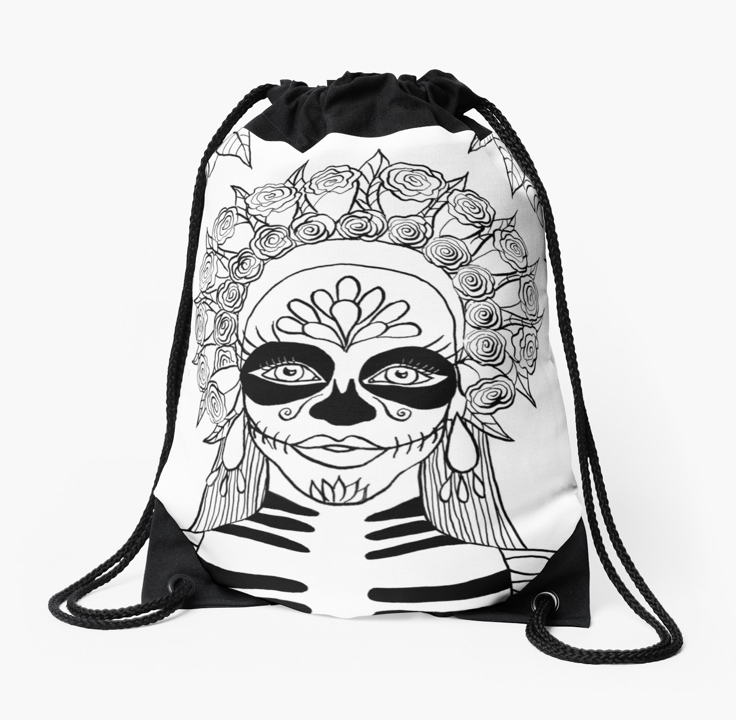 1435x1404 La Calavera Catrina Sugar Skull Ink Drawing Drawstring Bag