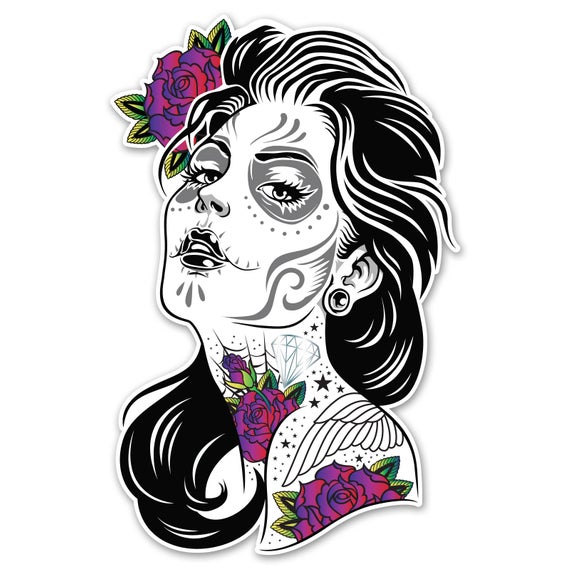 570x570 Sugar Skull Girl With Colored Roses Decal Made In The Usa Etsy