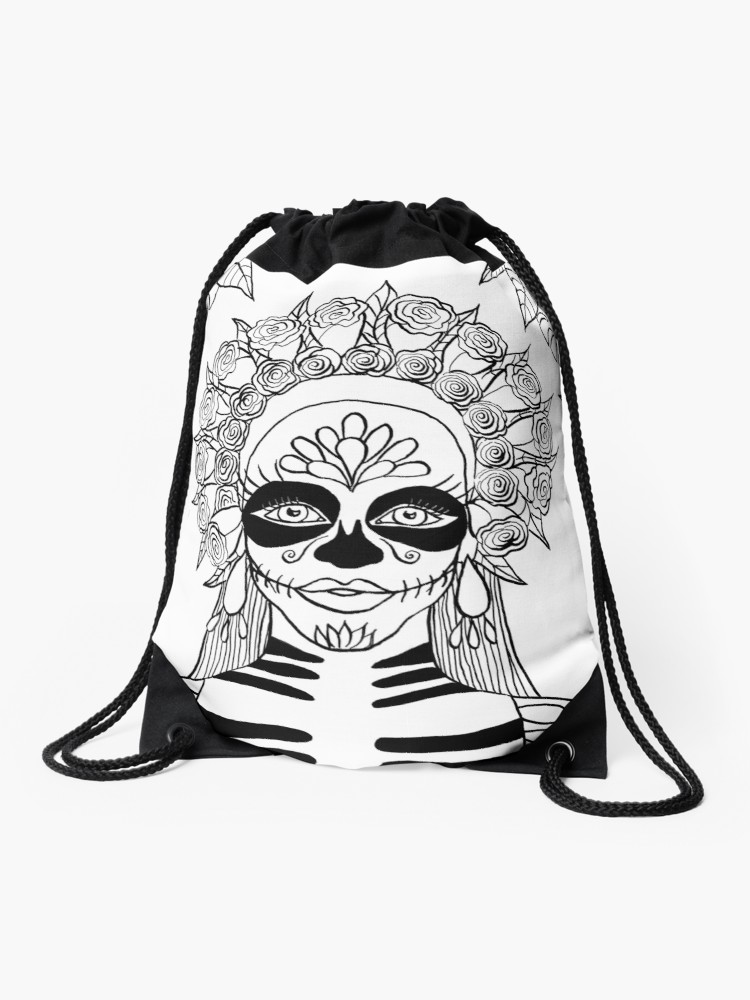 750x1000 La Calavera Catrina Sugar Skull Ink Drawing Drawstring Bag