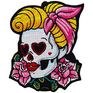 300x300 Rockabilly Girl Patch Iron On Sew Kustom Tattoo Sugar Skull Pin Up