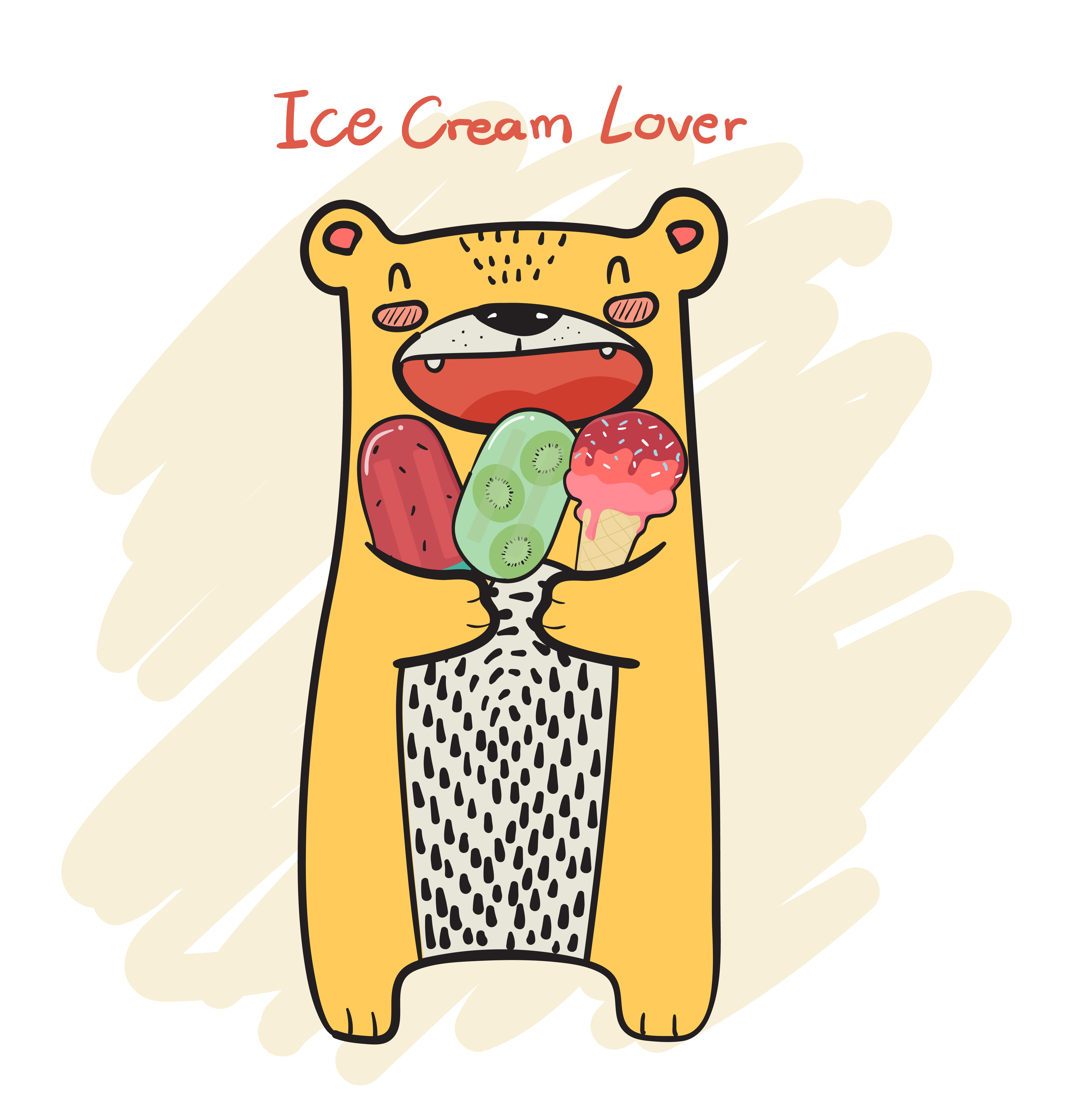 5344x5602 Drawing Cute Yellow Bear Having Popsicle And Ice Cream Cone