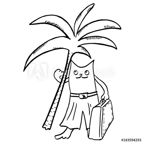 500x500 Cartoon Cat With Suitcase And Palm Tree In His Hand Summer
