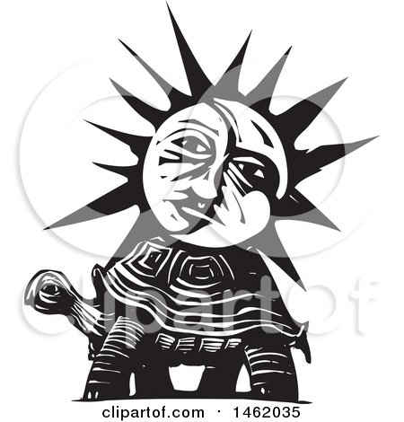 450x470 Sun And Moon Face On A Tortoise, Black And White Woodcut Style