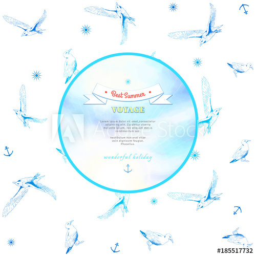 500x500 Vector Seamless Pattern Marine Theme Gulls, Pencil Hand Drawing