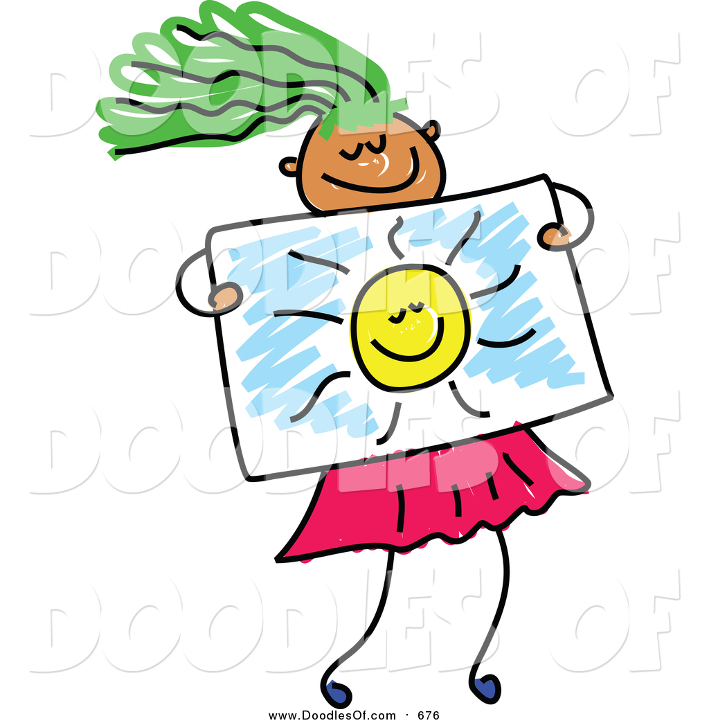 1024x1044 Vector Clipart Of A Doodled Green Haired Girl Holding A Drawing