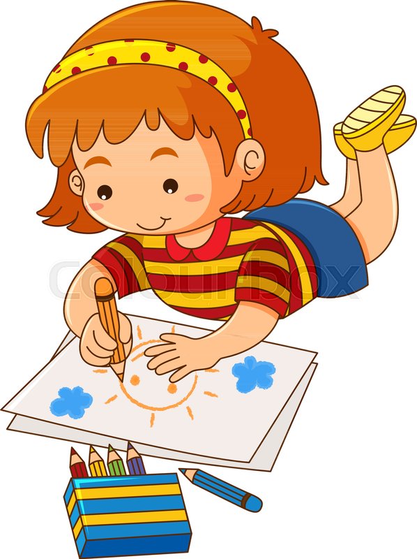 598x800 Little Girl Drawing Sun On Paper Stock Vector Colourbox