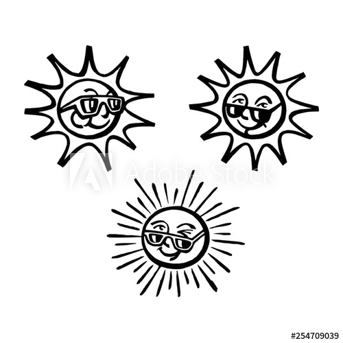 500x500 Sun With Face And Sunglasses, Summer, Vacation, Sunbathing, Black