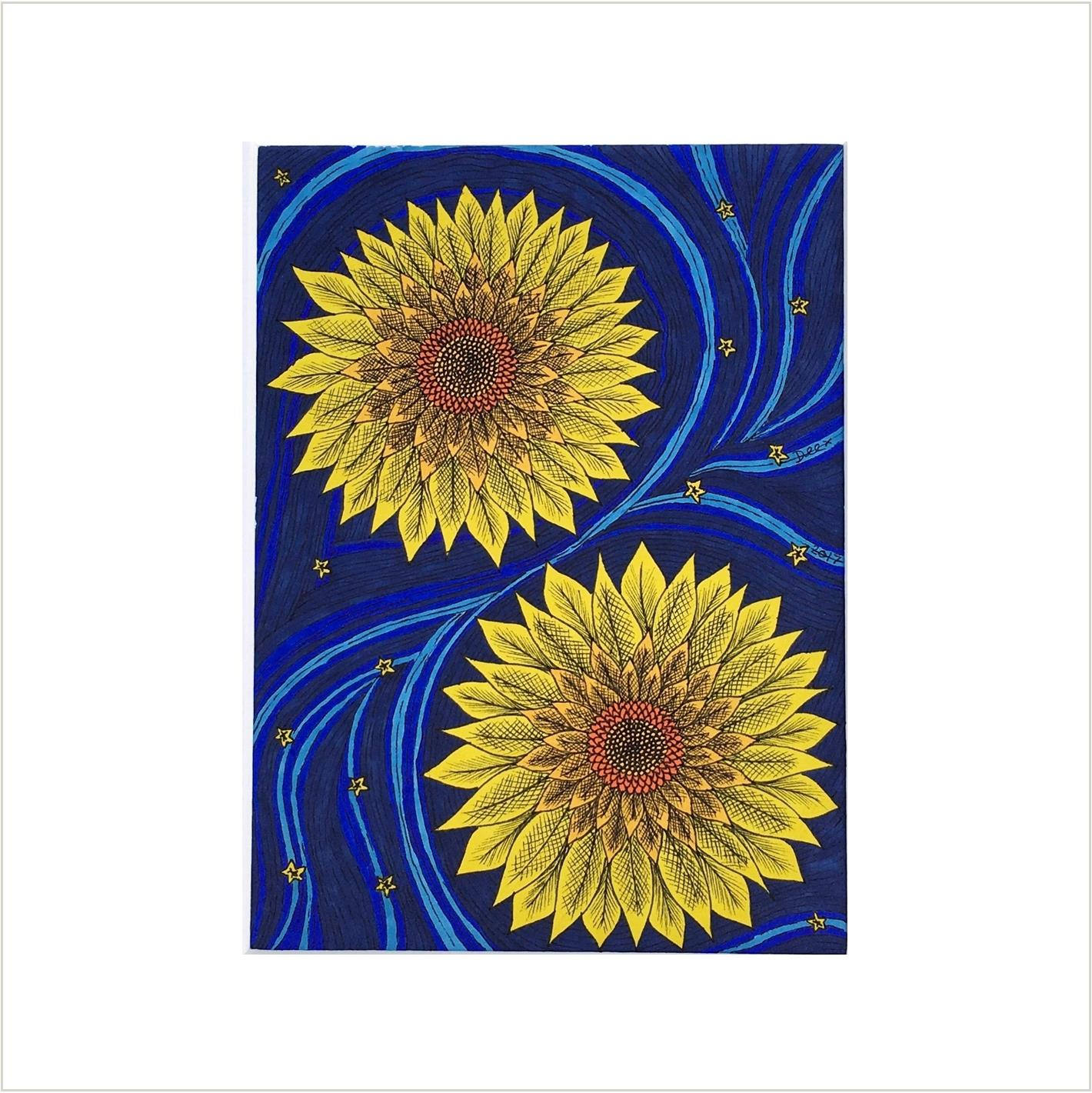 1420x1421 Sunflower Drawing Yellow Sunflowers Illustration Abstract Etsy