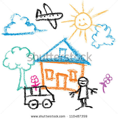 450x457 Stock Vector Kids Crayon Drawing Of Sunny Day House And Man