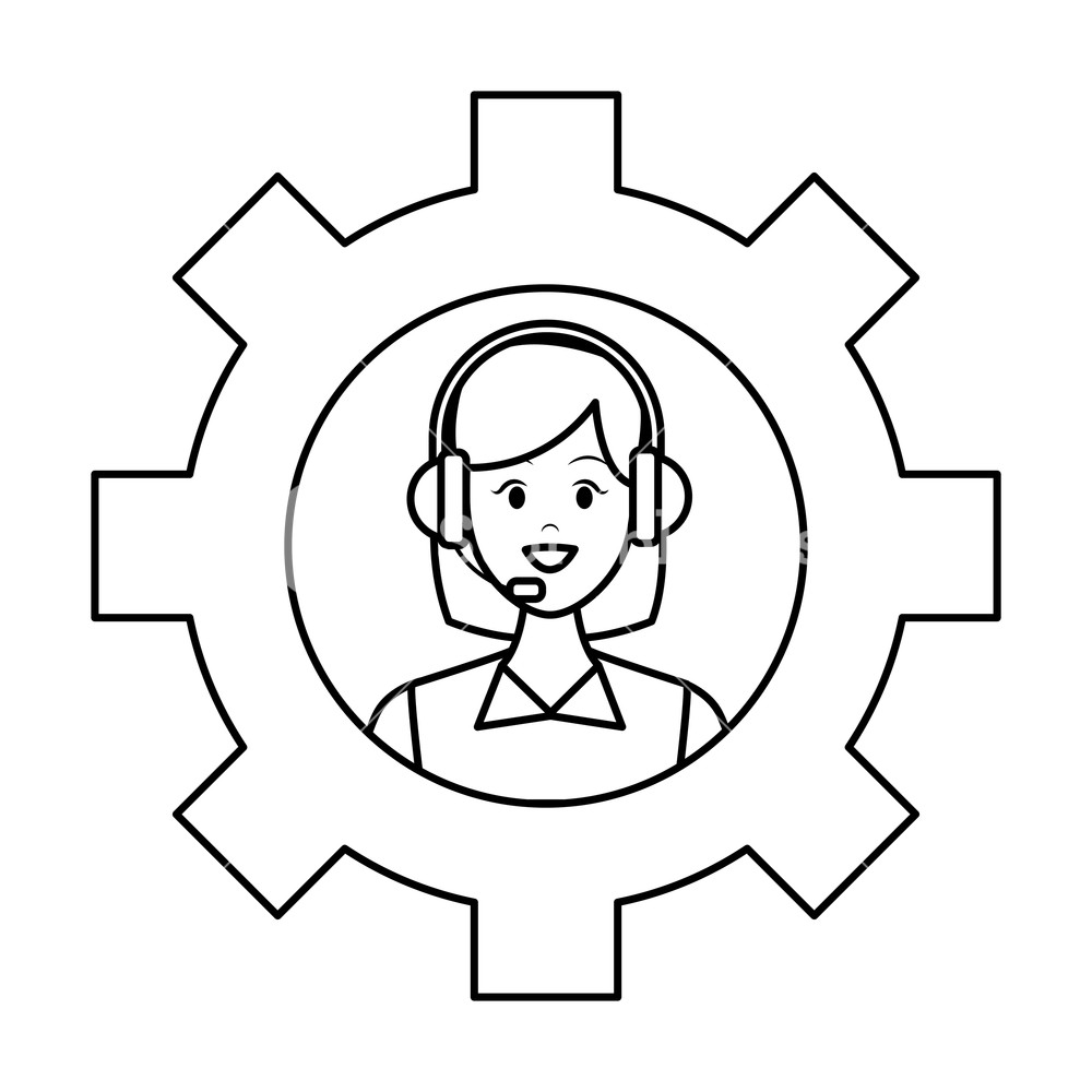 1000x1000 costumer support services woman with headset and gear drawing