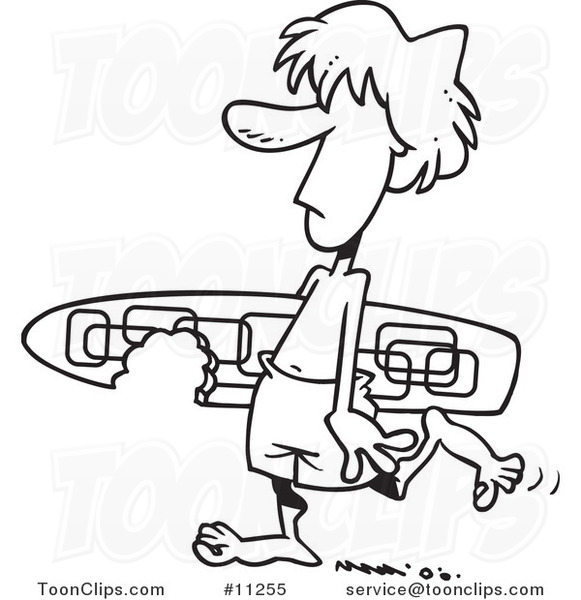 581x600 Line Art Cartoon Surfer Dude Carrying A Shark Bitten Surfboard