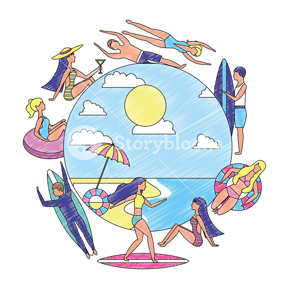 1000x1000 People Summertime Vacation Surf Float Relax Vector Illustration
