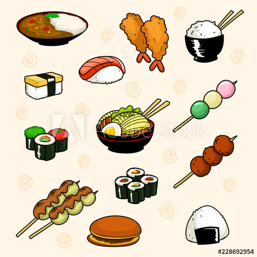 500x500 Vector Cartoon Doodle Japan Traditional Food Ramen Sushi Roll