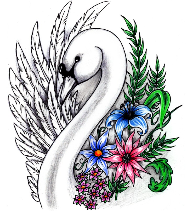 715x804 Swan With Colorful Flowers Tattoo Design