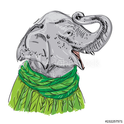 500x500 elephant head with a raised trunk in a green knitted sweater