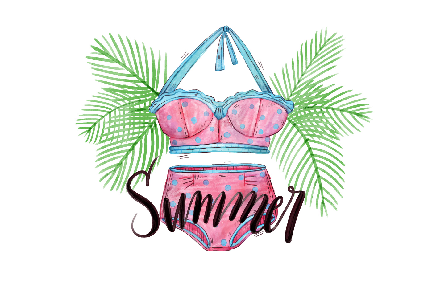 1400x980 Vector Watercolor Palms And Lettering With Swimwear For Summer