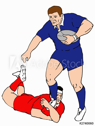 377x500 Rugby Player Tackle Line Drawing Colour