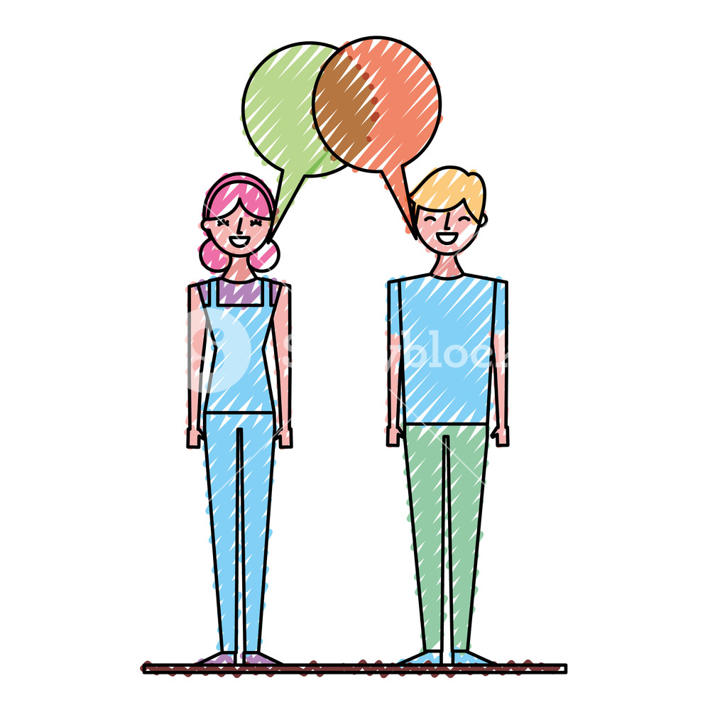 1000x1000 couple talking and discussing character with speech bubbles vector