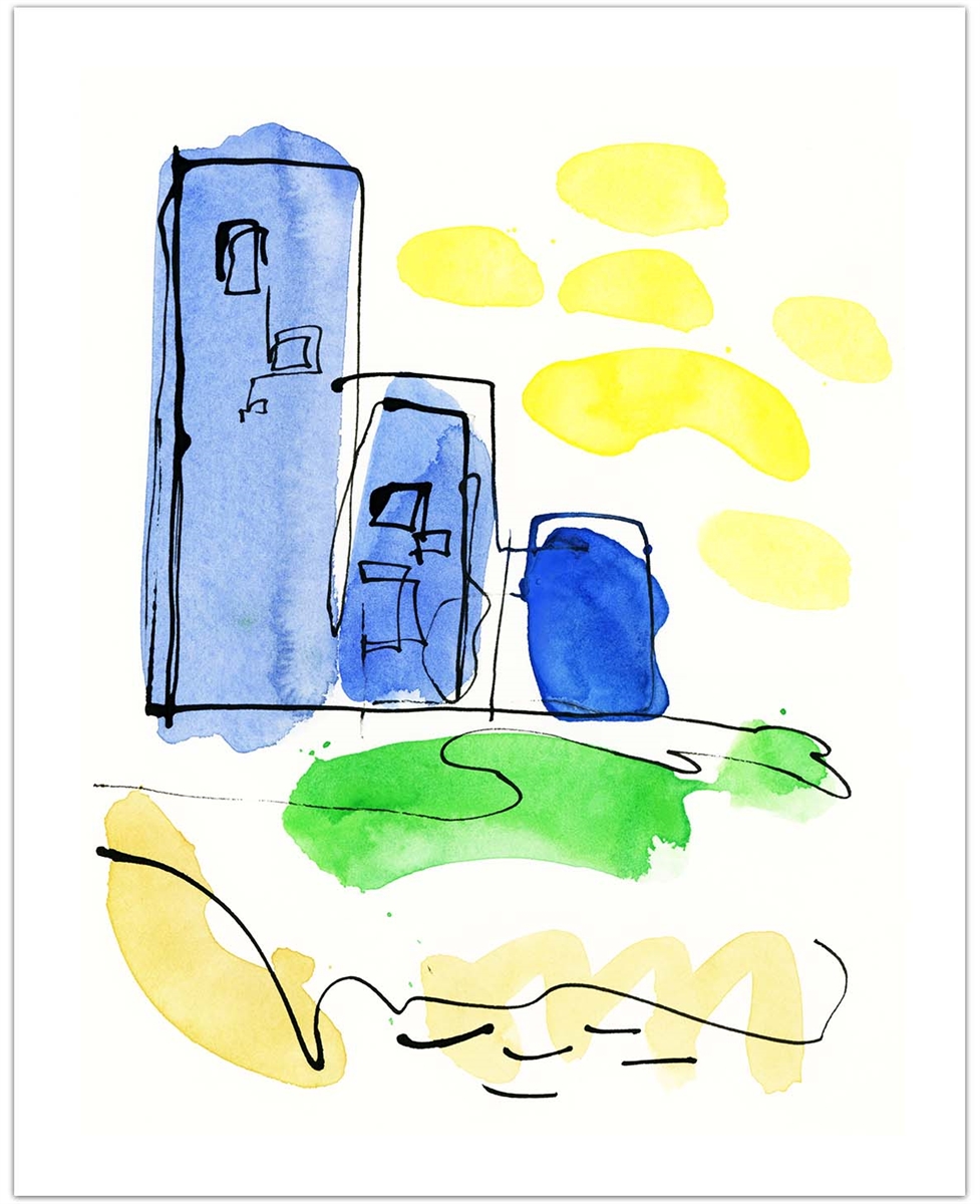 977x1200 River City Fine Art Print Contemporary Watercolor Of Tall