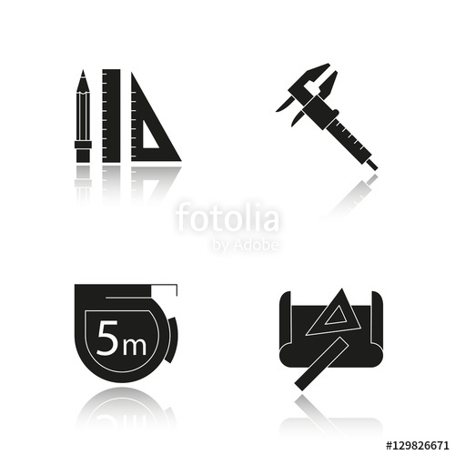 500x500 Engineering Drop Shadow Black Icons Set Pencil And Ruler, Caliper