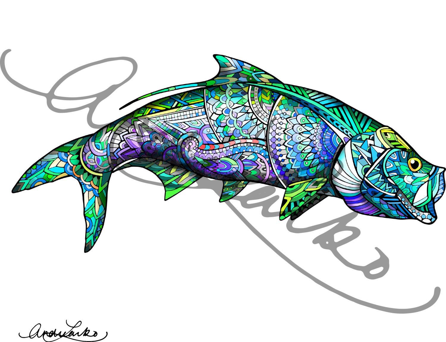 1500x1150 Tarpon Color Zentangle Art Print Etsy