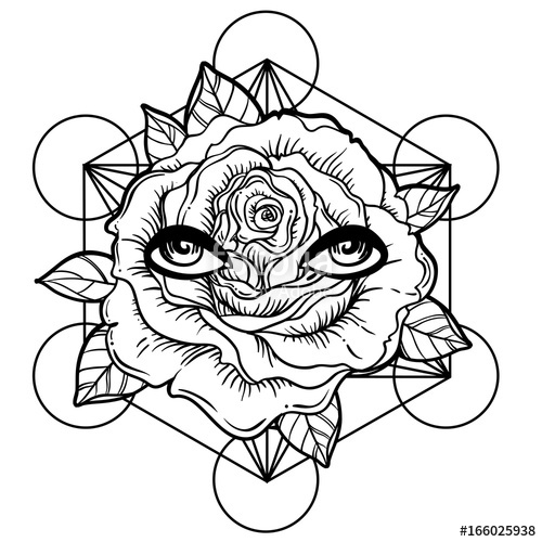 500x500 blackwork tattoo flash rose flower, sacred geometry, eyes highly
