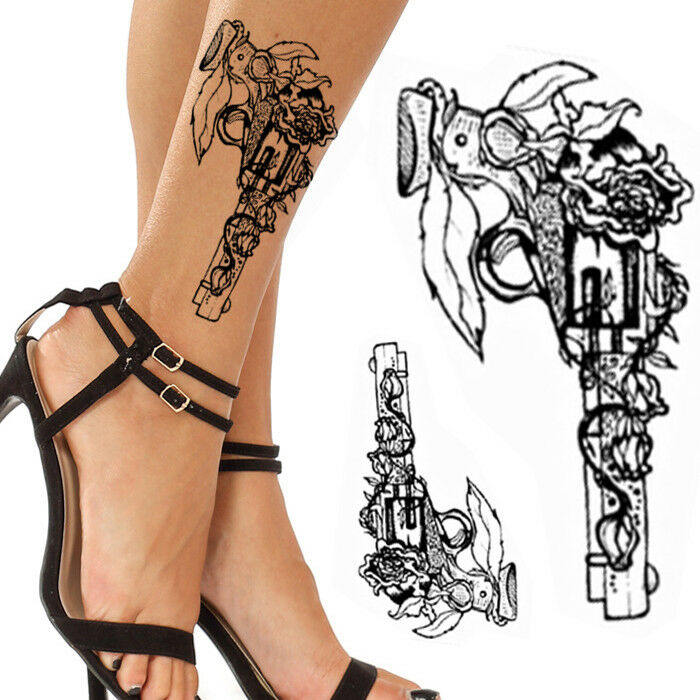 700x700 temporary tattoo gun rose red lipstick heart red black women temp