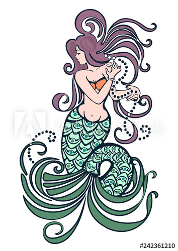 354x500 Mermaid Hand Drawn, Colorful Pastel Drawing, Tattoo Tribal Design