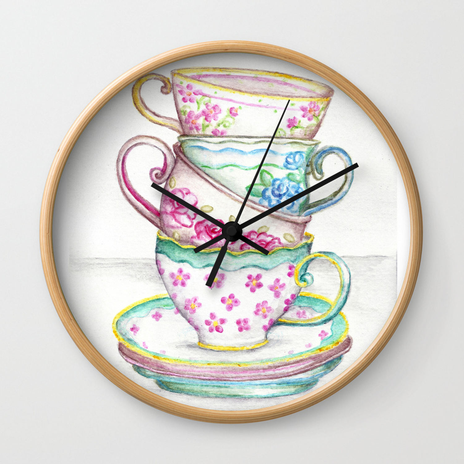 1500x1500 Tea Cup Art Kitchen Watercolor Painting Drawing Wall Clock