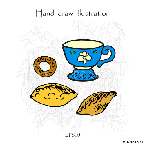 500x500 Cup And Patty, Tea Set, Hand Drawing Color Illustration