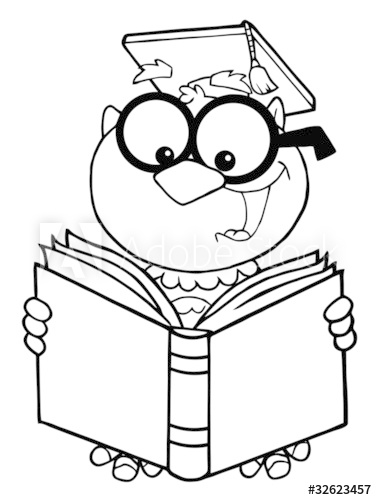 377x500 Outlined Owl Teacher Cartoon Character Reading A Book