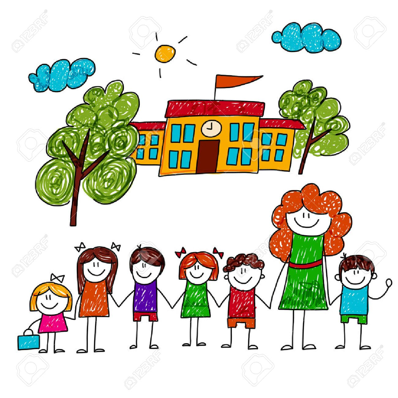 1300x1300 Teacher Drawing For Kids Image Of Happy Children With Teacher