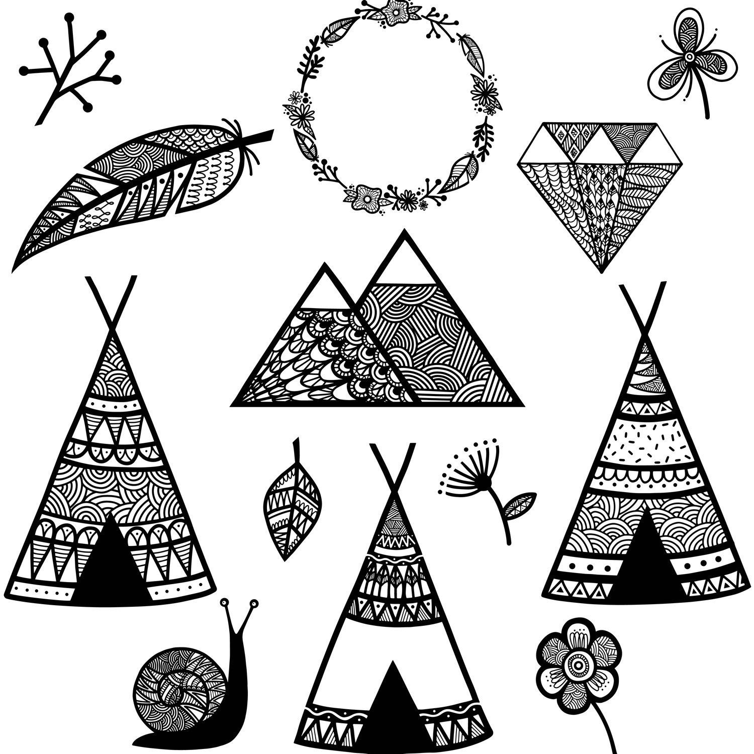 1500x1500 Wild Woodland Clipart, Wilderness,feather, Black And White