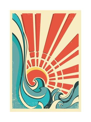 366x488 Sea Waves Vintage Illustration Of Nature Poster With Yellow Sun