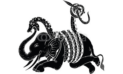 400x240 Thai Tradition Painting Of Snake And Elephant Fighting, Vector