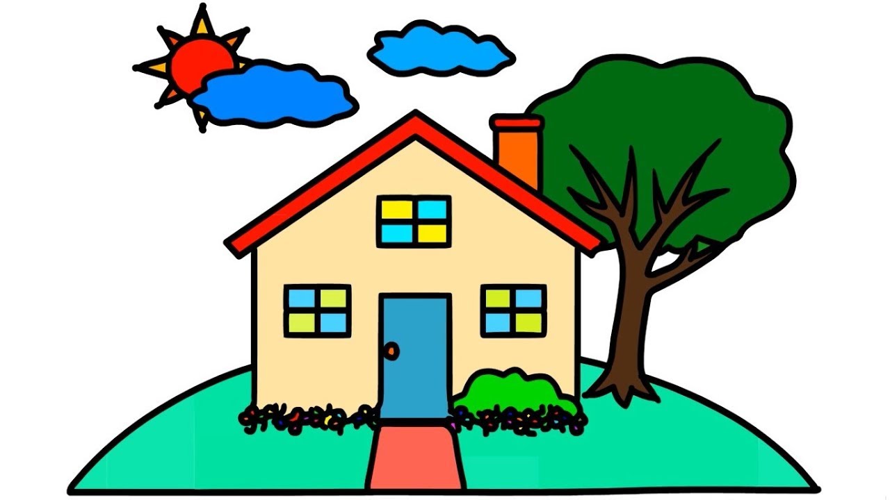 1280x720 House Tree Sun Drawing Coloring For Kids How To Draw Step