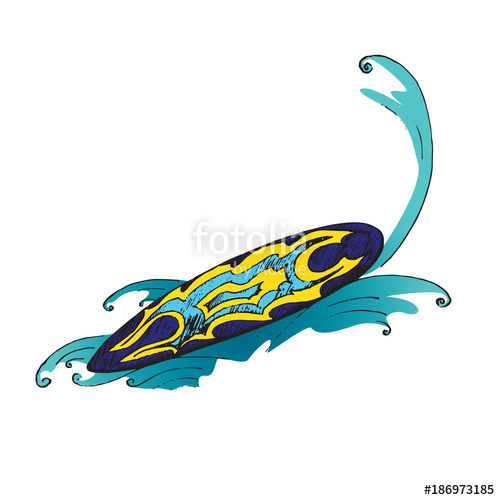 500x500 Colorful Surfboard On The Wave, Hand Drawn Doodle Sketch, Isolated