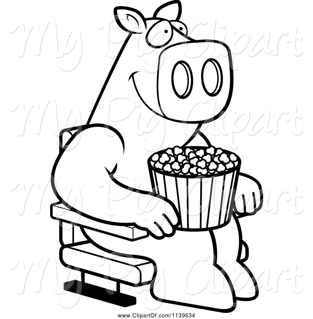 1024x1044 Swine Clipart Of Cartoon Black And White Happy Pig With Popcorn