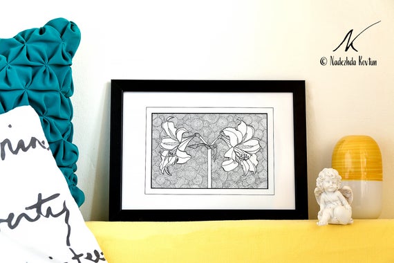 570x380 Original Flower Ink Drawing Modern Black And White Art Etsy