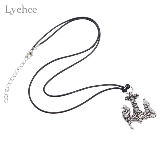 640x640 Lychee Vintage Wolf Crow Pendant Necklace Thor's Hammer Mjolnir