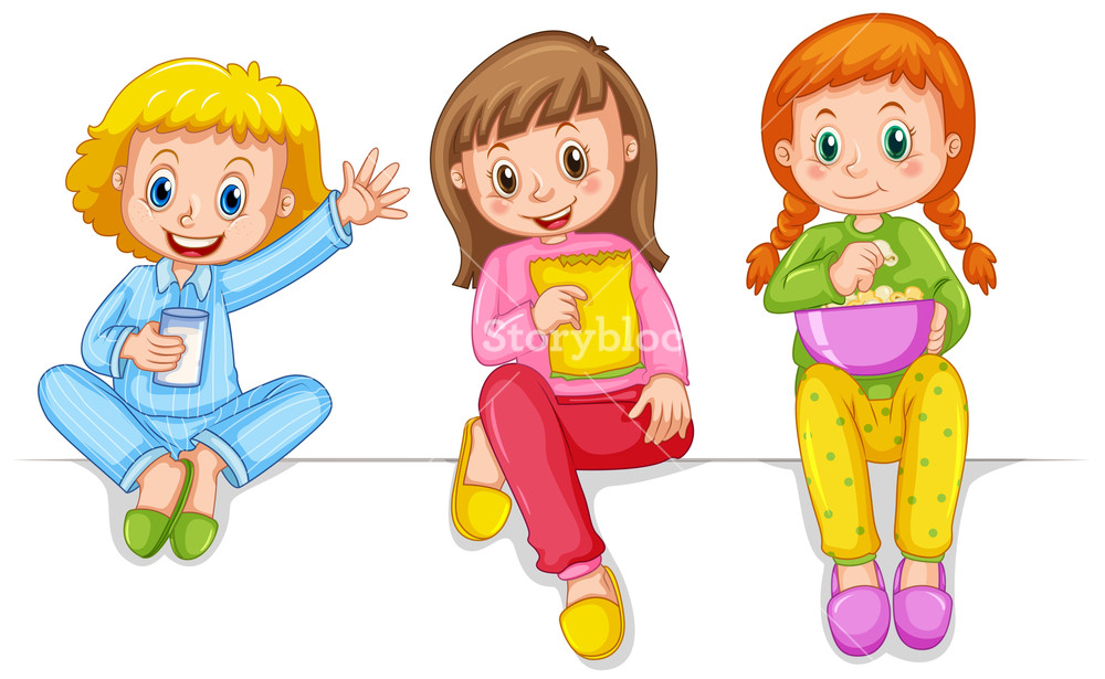 1000x615 Three Girls In Pajamas Eating Snacks Royalty Free Stock Image